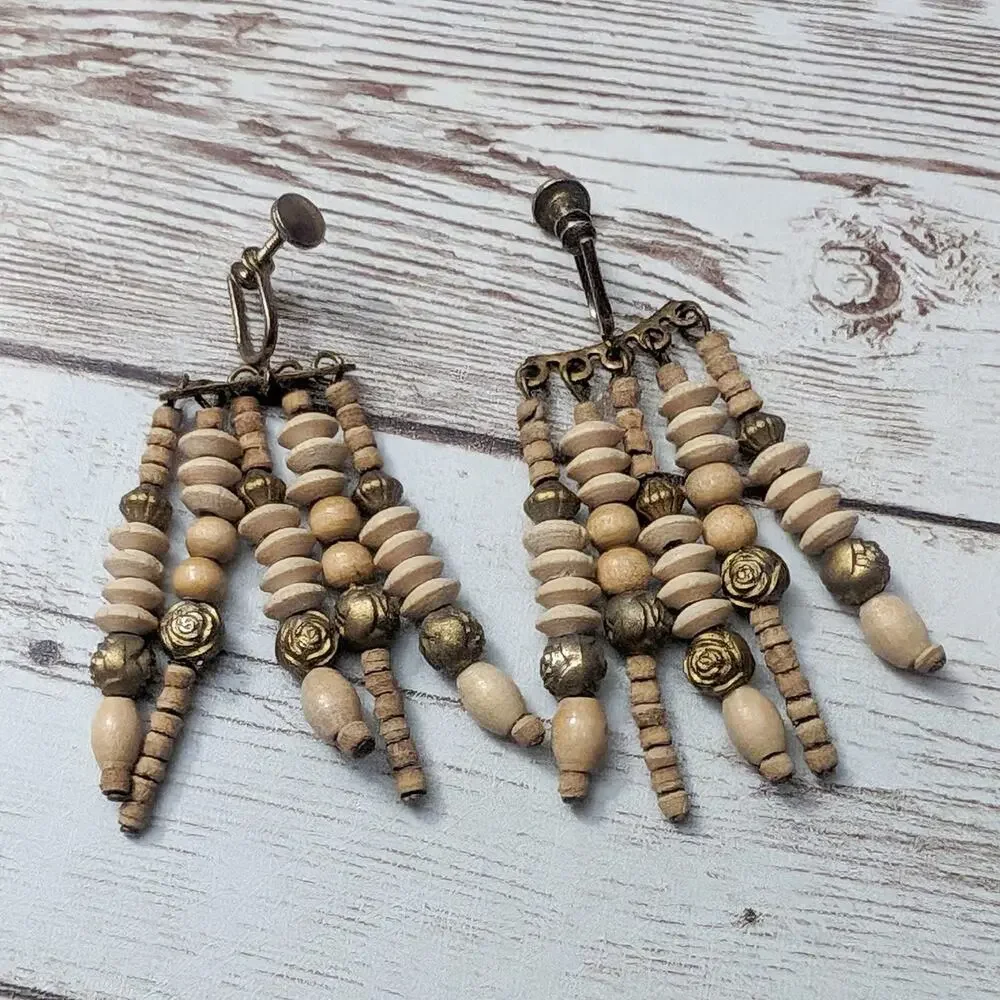 Vintage Screw Back Earrings Multi Stand Tan Dangle Long Statement